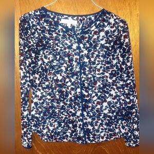 LOFT Petite Navy Blue Burgundy Floral Blouse XSP MINT CONDITION